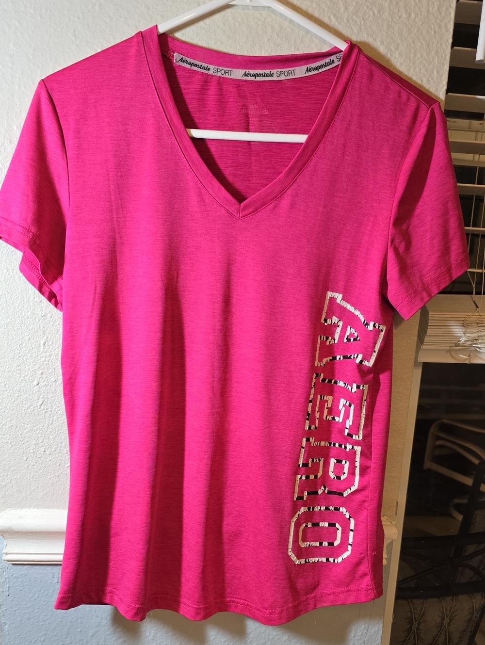 Aeropostale Women's V-Neck Tee in Bright Pink with Side Logo